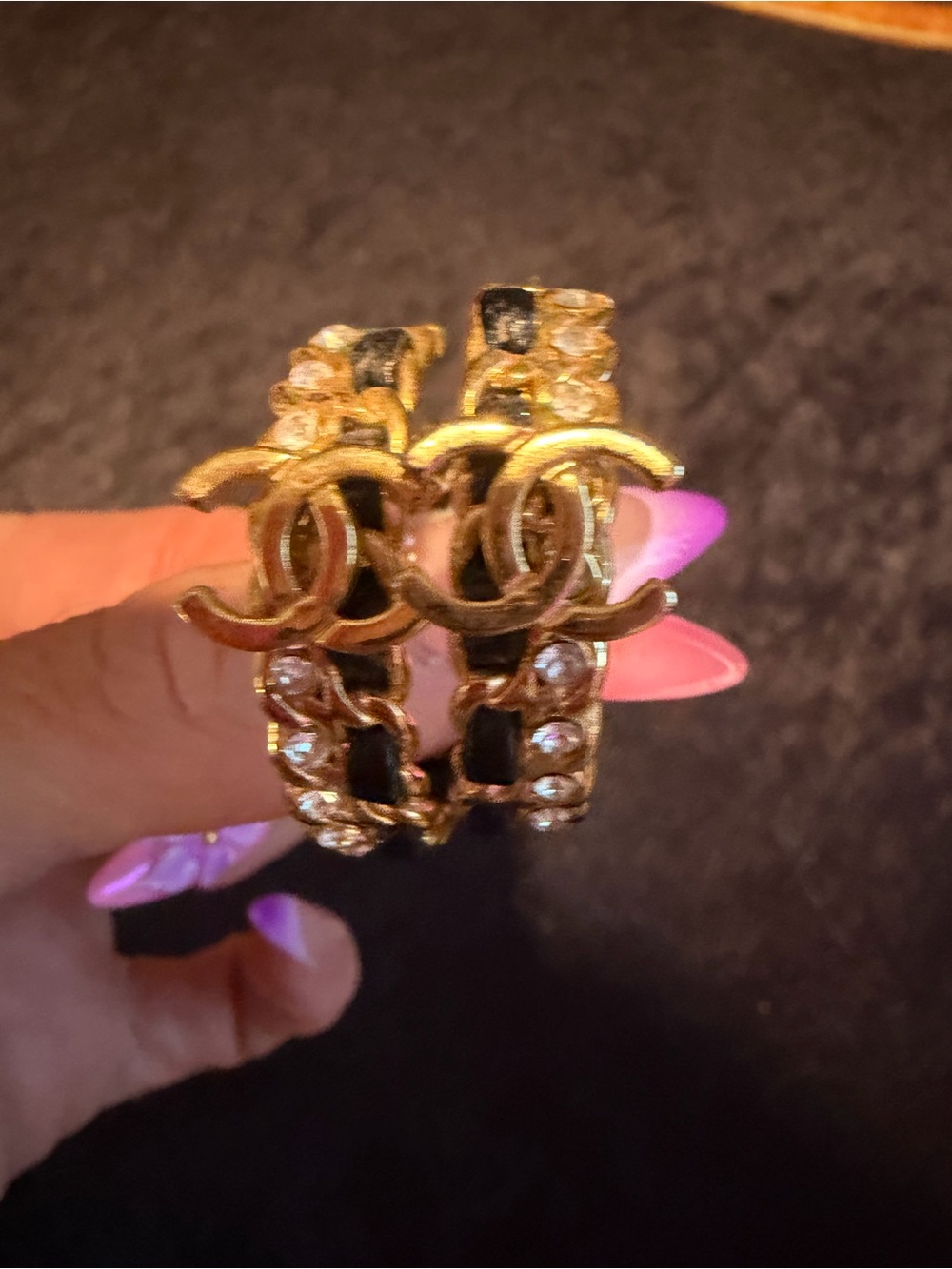 Gold /black Hoop Earrings with leather intertwined with Crystal Accents